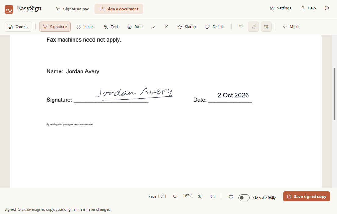 A sample form signed in EasySign