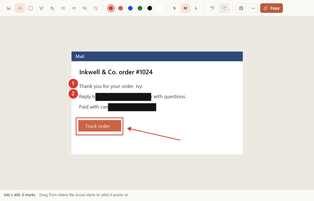 The screenshot editor showing an order email with the email address and card number blacked out, two numbered steps and an arrow pointing at the Track order button.
