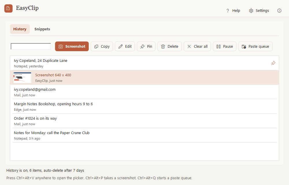 The EasyClip main window with the history: a pinned address, a screenshot with its thumbnail, an email address and notes.