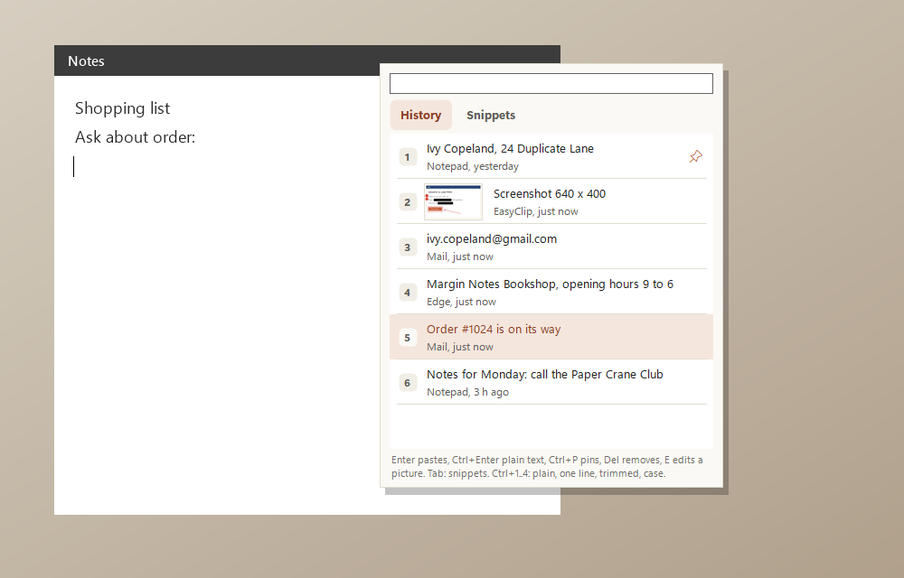 The EasyClip picker open over a notes window, listing an address, a screenshot, an email address and other things copied today.