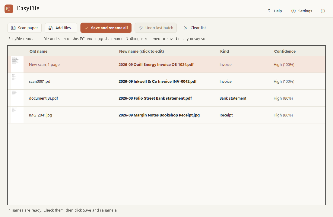 The list of files: a scan and three documents such as scan0001.pdf, each with a suggested name like 2026-09 Inkwell & Co Invoice INV-0042.pdf.