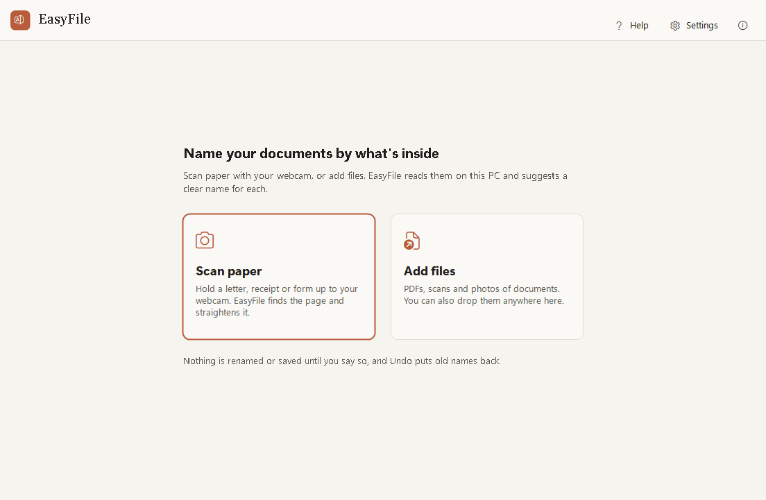 The EasyFile start screen with two big choices, Scan paper and Add files.