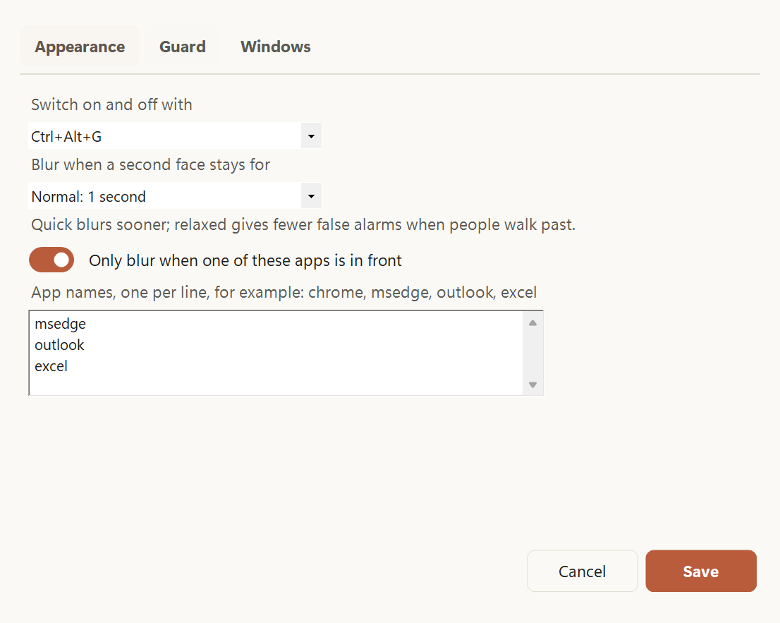 EasyGuard's Settings: switch on and off with Ctrl+Alt+G, blur when a second face stays for 1 second, and only blur when msedge, outlook or excel is in front.