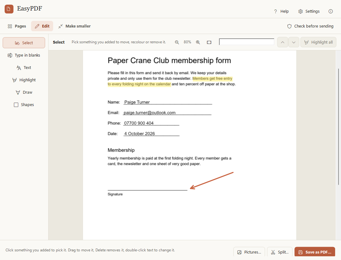 The Edit view with a form filled in by typing on its lines, a highlighted sentence and an arrow pointing at the signature line.