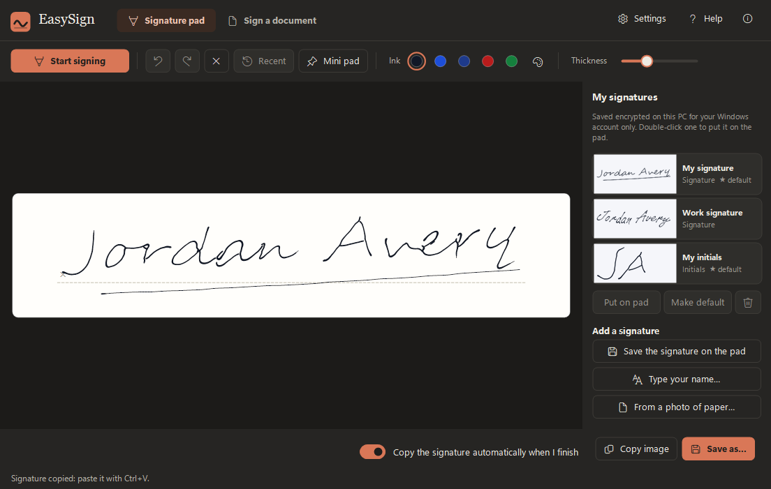 EasySign in the dark Charcoal theme