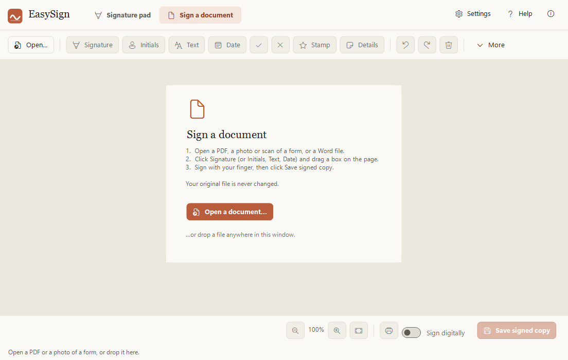 Step 1: the Sign a document start screen