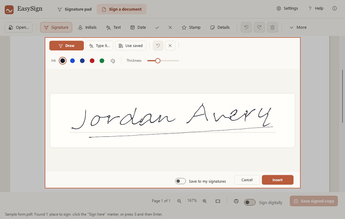 Step 2: the signing window open over a sample form, with a signature on the pad