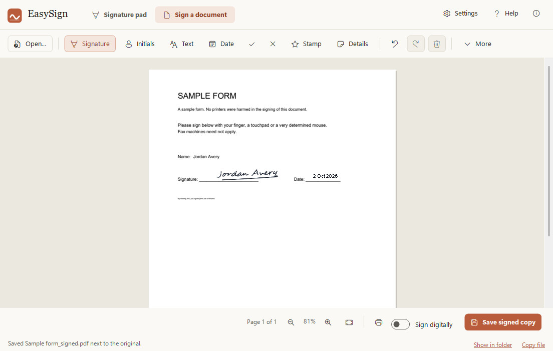 Step 3: the whole signed form, saved as a copy next to the original