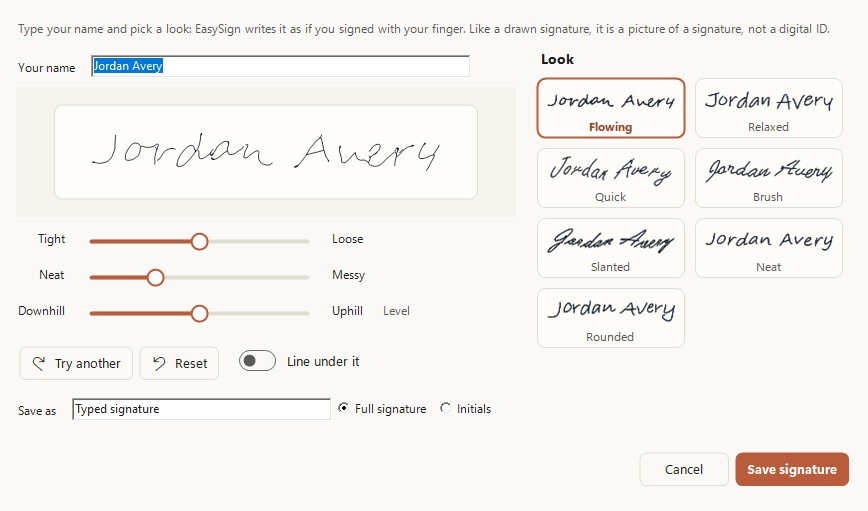 The Type your name window with handwriting looks and sliders